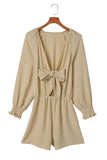 LC643624-15-S, LC643624-15-M, LC643624-15-L, LC643624-15-XL, LC643624-15-2XL, Beige Women's Sexy V Neck Jumpsuits Chiffon Tie Knot Front Puff Long Sleeve Romper
