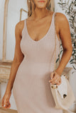 LC2211331-16-S, LC2211331-16-M, LC2211331-16-L, LC2211331-16-XL, Khaki Women's Summer Tank Dress Knit V Neck Sleeveless Bodycon Ribbed Dresses