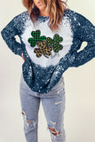 LC25314245-5-S, LC25314245-5-M, LC25314245-5-L, LC25314245-5-XL, LC25314245-5-2XL, Blue St. Patrick's Day Sweatshirt for Women Clover Print Long Sleeve Tee Tops