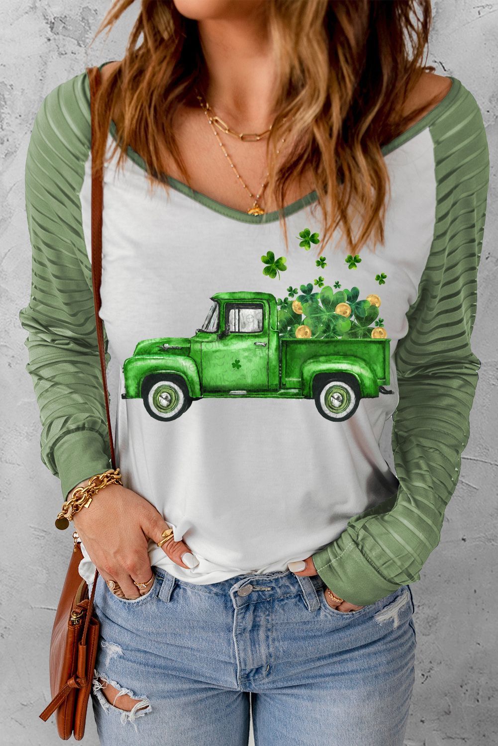 LC25120006-9-S, LC25120006-9-M, LC25120006-9-L, LC25120006-9-XL, LC25120006-9-2XL, Green St. Patricks Day Shirts Truck Graphic Long Sleeve T-Shirt