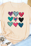 LC25219586-16-S, LC25219586-16-M, LC25219586-16-L, LC25219586-16-XL, LC25219586-16-2XL, Khaki Valentines Multi Pattern Heart Print T Shirt Round Neck Tops