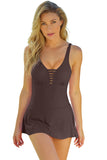 LC443469-17-S, LC443469-17-M, LC443469-17-L, LC443469-17-XL, LC443469-17-2XL, Brown Women's One Piece Swimdress Skirted Strappy V Neck Side Split One-piece Bathing Suit