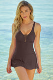LC443469-17-S, LC443469-17-M, LC443469-17-L, LC443469-17-XL, LC443469-17-2XL, Brown Women's One Piece Swimdress Skirted Strappy V Neck Side Split One-piece Bathing Suit