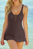 LC443469-17-S, LC443469-17-M, LC443469-17-L, LC443469-17-XL, LC443469-17-2XL, Brown Women's One Piece Swimdress Skirted Strappy V Neck Side Split One-piece Bathing Suit