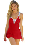 LC443469-103-S, LC443469-103-M, LC443469-103-L, LC443469-103-XL, LC443469-103-2XL, Red Women's One Piece Swimdress Skirted Strappy V Neck Side Split One-piece Bathing Suit