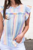 LC2567744-4-S, LC2567744-4-M, LC2567744-4-L, LC2567744-4-XL, LC2567744-4-2XL, Sky Blue Womens Striped Blouses Color Block Ruffle Cap Sleeve Sleeveless Top