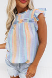 LC2567744-4-S, LC2567744-4-M, LC2567744-4-L, LC2567744-4-XL, LC2567744-4-2XL, Sky Blue Womens Striped Blouses Color Block Ruffle Cap Sleeve Sleeveless Top