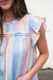 LC2567744-4-S, LC2567744-4-M, LC2567744-4-L, LC2567744-4-XL, LC2567744-4-2XL, Sky Blue Womens Striped Blouses Color Block Ruffle Cap Sleeve Sleeveless Top