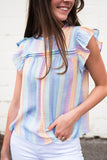 LC2567744-4-S, LC2567744-4-M, LC2567744-4-L, LC2567744-4-XL, LC2567744-4-2XL, Sky Blue Womens Striped Blouses Color Block Ruffle Cap Sleeve Sleeveless Top