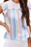 LC2567744-4-S, LC2567744-4-M, LC2567744-4-L, LC2567744-4-XL, LC2567744-4-2XL, Sky Blue Womens Striped Blouses Color Block Ruffle Cap Sleeve Sleeveless Top