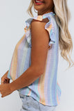 LC2567744-4-S, LC2567744-4-M, LC2567744-4-L, LC2567744-4-XL, LC2567744-4-2XL, Sky Blue Womens Striped Blouses Color Block Ruffle Cap Sleeve Sleeveless Top