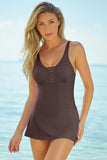 LC443469-17-S, LC443469-17-M, LC443469-17-L, LC443469-17-XL, LC443469-17-2XL, Brown Women's One Piece Swimdress Skirted Strappy V Neck Side Split One-piece Bathing Suit