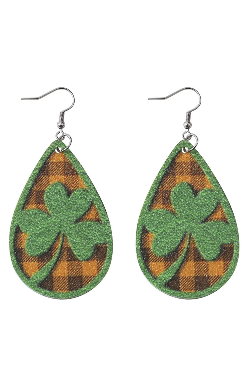 BH012378-9, Green St Patrick's Day Clover Emboss Plaid Teardrop Dangle Earrings