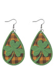 BH012378-9, Green St Patrick's Day Clover Emboss Plaid Teardrop Dangle Earrings