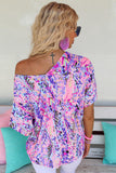 LC25219625-10-S, LC25219625-10-M, LC25219625-10-L, LC25219625-10-XL, Pink Women's Casual Loose Short Sleeve Tee Painted Floral Blouse Shirt