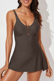 LC443469-17-S, LC443469-17-M, LC443469-17-L, LC443469-17-XL, LC443469-17-2XL, Brown Women's One Piece Swimdress Skirted Strappy V Neck Side Split One-piece Bathing Suit
