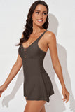 LC443469-17-S, LC443469-17-M, LC443469-17-L, LC443469-17-XL, LC443469-17-2XL, Brown Women's One Piece Swimdress Skirted Strappy V Neck Side Split One-piece Bathing Suit