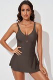 LC443469-17-S, LC443469-17-M, LC443469-17-L, LC443469-17-XL, LC443469-17-2XL, Brown Women's One Piece Swimdress Skirted Strappy V Neck Side Split One-piece Bathing Suit