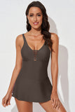 LC443469-17-S, LC443469-17-M, LC443469-17-L, LC443469-17-XL, LC443469-17-2XL, Brown Women's One Piece Swimdress Skirted Strappy V Neck Side Split One-piece Bathing Suit