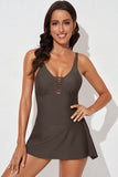 LC443469-17-S, LC443469-17-M, LC443469-17-L, LC443469-17-XL, LC443469-17-2XL, Brown Women's One Piece Swimdress Skirted Strappy V Neck Side Split One-piece Bathing Suit