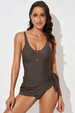 LC443469-17-S, LC443469-17-M, LC443469-17-L, LC443469-17-XL, LC443469-17-2XL, Brown Women's One Piece Swimdress Skirted Strappy V Neck Side Split One-piece Bathing Suit