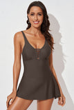 LC443469-17-S, LC443469-17-M, LC443469-17-L, LC443469-17-XL, LC443469-17-2XL, Brown Women's One Piece Swimdress Skirted Strappy V Neck Side Split One-piece Bathing Suit