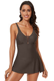 LC443469-17-S, LC443469-17-M, LC443469-17-L, LC443469-17-XL, LC443469-17-2XL, Brown Women's One Piece Swimdress Skirted Strappy V Neck Side Split One-piece Bathing Suit