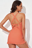 LC415776-14-S, LC415776-14-M, LC415776-14-L, LC415776-14-XL, LC415776-14-2XL, Orange Women Criss Cross Back Tie Ruched Ruffled Tankini Bathing Suit with Shorts