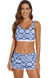 LC415772-5-S, LC415772-5-M, LC415772-5-L, LC415772-5-XL, LC415772-5-2XL, Blue 3 Piece Swimsuits for Women Printed Sporty Racerback Tankini Swimsuit