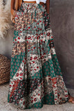 LC65608-109-S, LC65608-109-M, LC65608-109-L, LC65608-109-XL, LC65608-109-2XL, Green Womens Floral Printed Elastic Waist A Line Maxi Skirt Tiered Paisley Skirt