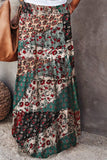LC65608-109-S, LC65608-109-M, LC65608-109-L, LC65608-109-XL, LC65608-109-2XL, Green Womens Floral Printed Elastic Waist A Line Maxi Skirt Tiered Paisley Skirt