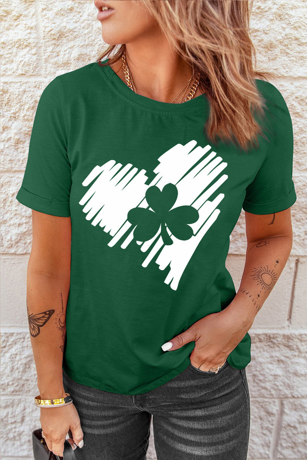 LC25219651-9-S, LC25219651-9-M, LC25219651-9-L, LC25219651-9-XL, LC25219651-9-2XL, Green St. Patrick's Day Shirts for Women Lucky Sharmrock Love Heart Print Irish Tops