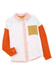 LC2552976-1-S, LC2552976-1-M, LC2552976-1-L, LC2552976-1-XL, LC2552976-1-2XL, White Women's Color Block Blouse Buttoned Front Casual Oversized Shirt Tops