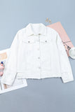 LC8511504-1-S, LC8511504-1-M, LC8511504-1-L, LC8511504-1-XL, LC8511504-1-2XL, White Women's Jean Jacket Long Sleeve Lapel Distressed Raw Hem Buttons Denim Coat