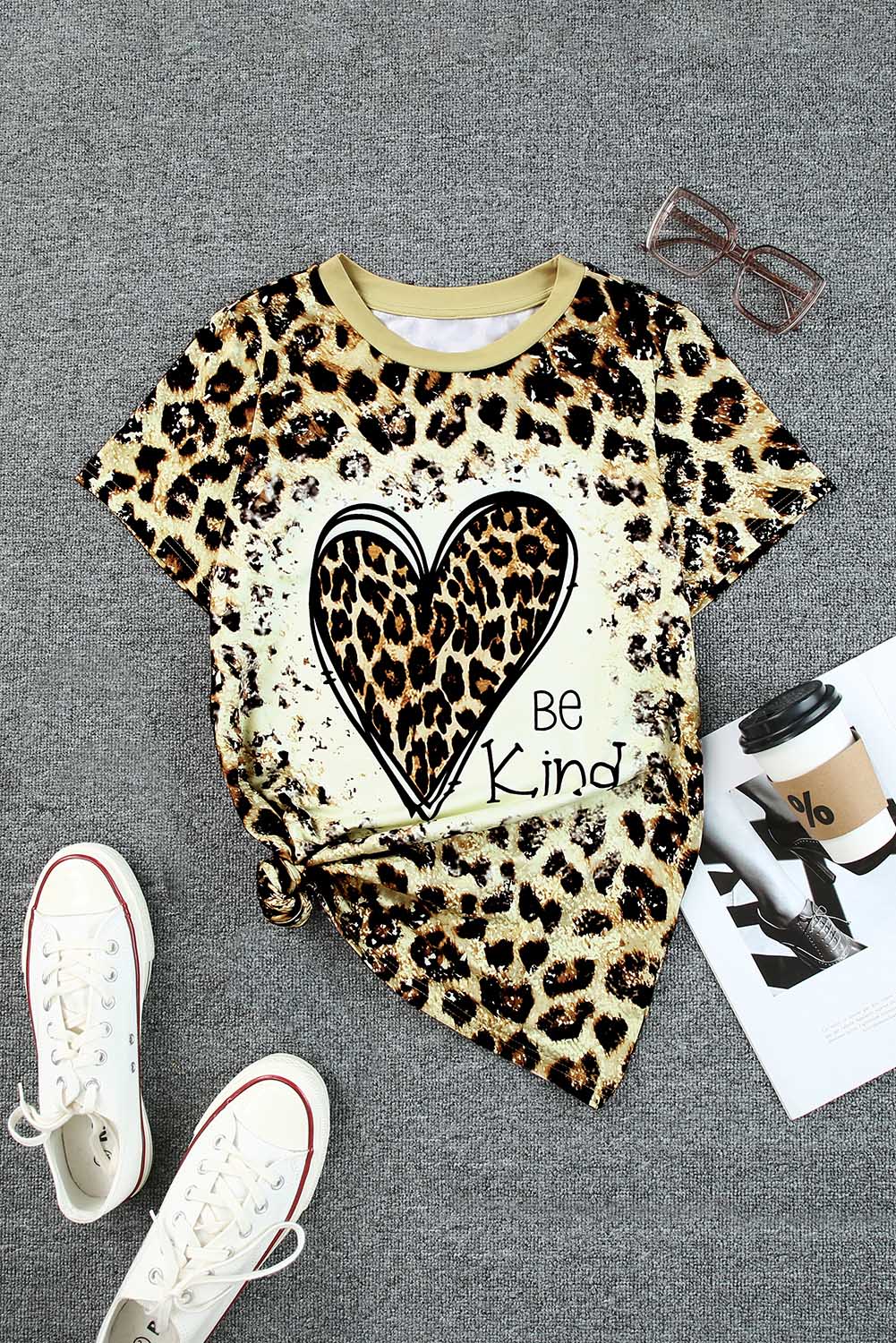 LC25219229-20-S, LC25219229-20-M, LC25219229-20-L, LC25219229-20-XL, Leopard Be Kind Heart Graphic Print T Shirt Heart Valentine Graphic Tee 