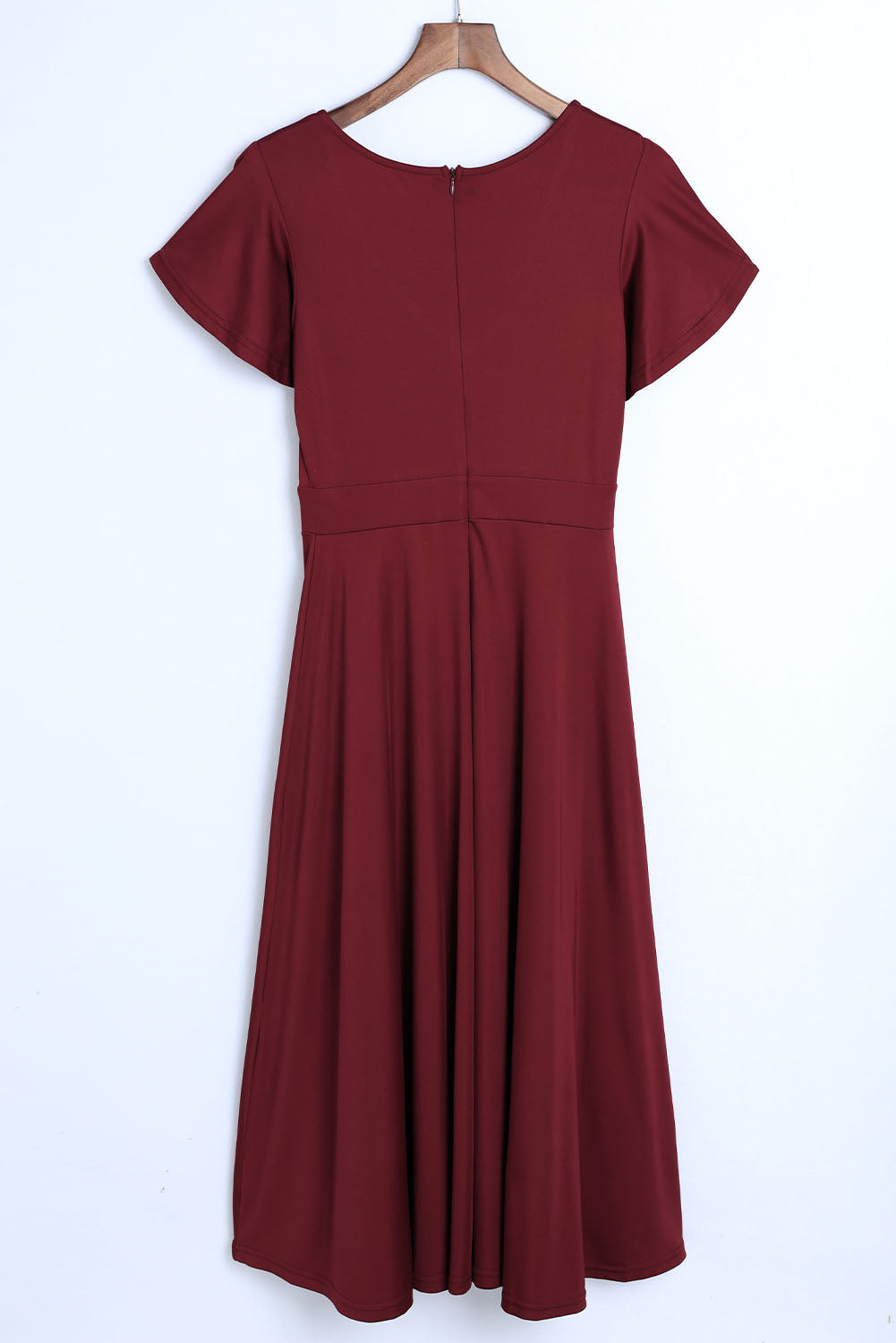 LC6110363-3-S, LC6110363-3-M, LC6110363-3-L, LC6110363-3-XL, LC6110363-3-2XL, Red Womens V Neck Ruffle Sleeve Wrap Dress Midi Dress Cocktail Party Dress
