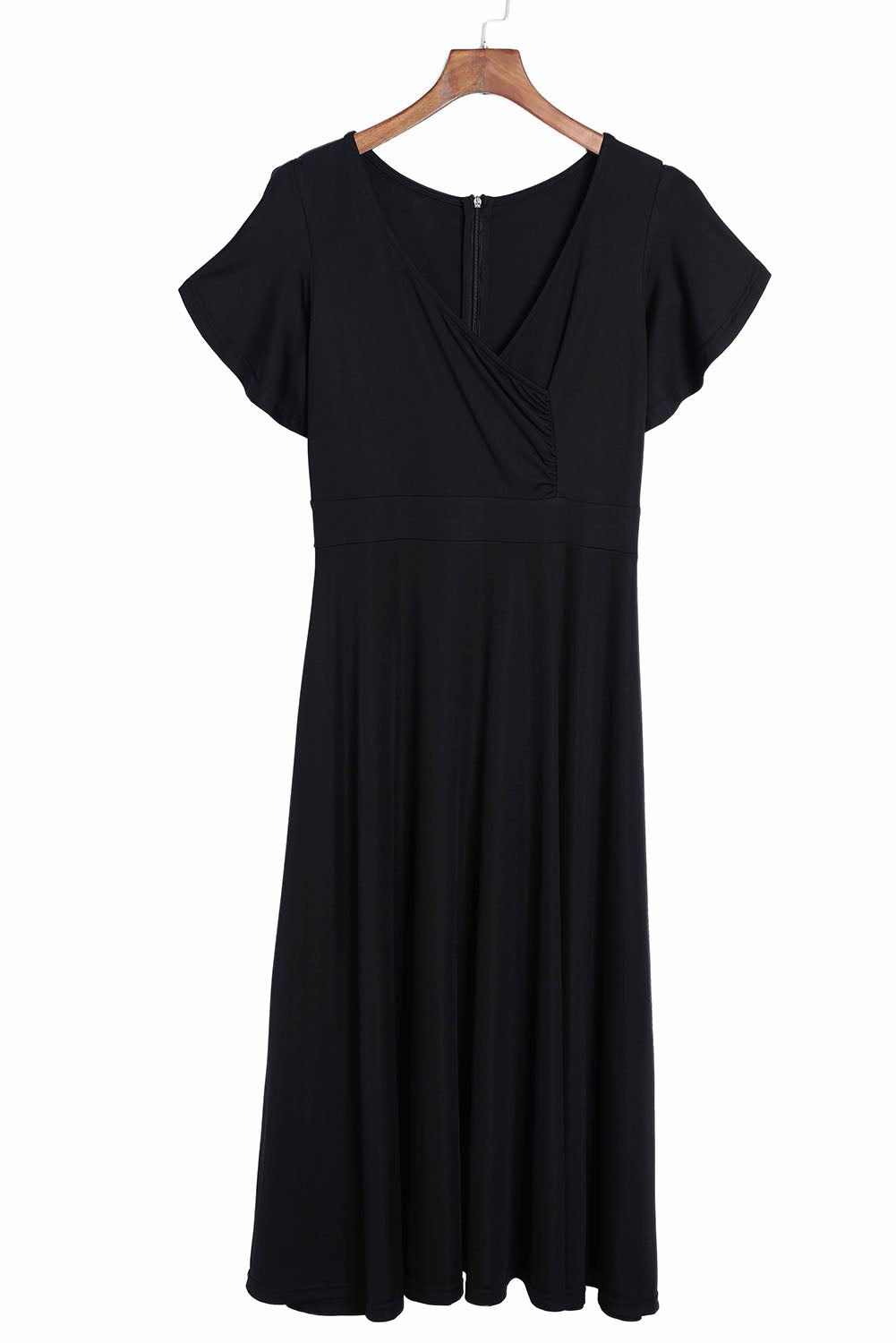 LC6110363-2-S, LC6110363-2-M, LC6110363-2-L, LC6110363-2-XL, LC6110363-2-2XL, Black Womens V Neck Ruffle Sleeve Wrap Dress Midi Dress Cocktail Party Dress
