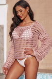 LC421654-10-S, LC421654-10-M, LC421654-10-L, Pink Summer Crochet Hollow Out Loose Fit Long Sleeve Swimsuit Mesh Cover Up Top