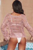LC421654-10-S, LC421654-10-M, LC421654-10-L, Pink Summer Crochet Hollow Out Loose Fit Long Sleeve Swimsuit Mesh Cover Up Top