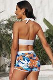 LC433633-1-XS, LC433633-1-S, LC433633-1-M, LC433633-1-L, LC433633-1-XL, White Women's Tropical Leaf Print Halter Bikini Swimsuit with Boardshorts