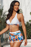 LC433633-1-XS, LC433633-1-S, LC433633-1-M, LC433633-1-L, LC433633-1-XL, White Women's Tropical Leaf Print Halter Bikini Swimsuit with Boardshorts