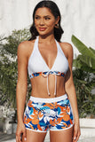 LC433633-1-XS, LC433633-1-S, LC433633-1-M, LC433633-1-L, LC433633-1-XL, White Women's Tropical Leaf Print Halter Bikini Swimsuit with Boardshorts