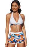 LC433633-1-XS, LC433633-1-S, LC433633-1-M, LC433633-1-L, LC433633-1-XL, White Women's Tropical Leaf Print Halter Bikini Swimsuit with Boardshorts