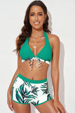 LC433633-9-XS, LC433633-9-S, LC433633-9-M, LC433633-9-L, LC433633-9-XL, Green Women's Tropical Leaf Print Halter Bikini Swimsuit with Boardshorts