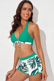 LC433633-9-XS, LC433633-9-S, LC433633-9-M, LC433633-9-L, LC433633-9-XL, Green Women's Tropical Leaf Print Halter Bikini Swimsuit with Boardshorts