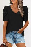 LC25219590-2-S, LC25219590-2-M, LC25219590-2-L, LC25219590-2-XL, Black Women's Summer Casual Shirts Puff Sleeve V Neck T-Shirt