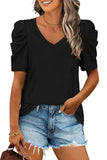 LC25219590-2-S, LC25219590-2-M, LC25219590-2-L, LC25219590-2-XL, Black Women's Summer Casual Shirts Puff Sleeve V Neck T-Shirt