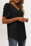 LC25219590-2-S, LC25219590-2-M, LC25219590-2-L, LC25219590-2-XL, Black Women's Summer Casual Shirts Puff Sleeve V Neck T-Shirt
