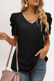 LC25219590-2-S, LC25219590-2-M, LC25219590-2-L, LC25219590-2-XL, Black Women's Summer Casual Shirts Puff Sleeve V Neck T-Shirt