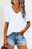 LC25219590-1-S, LC25219590-1-M, LC25219590-1-L, LC25219590-1-XL, White Women's Summer Casual Shirts Puff Sleeve V Neck T-Shirt